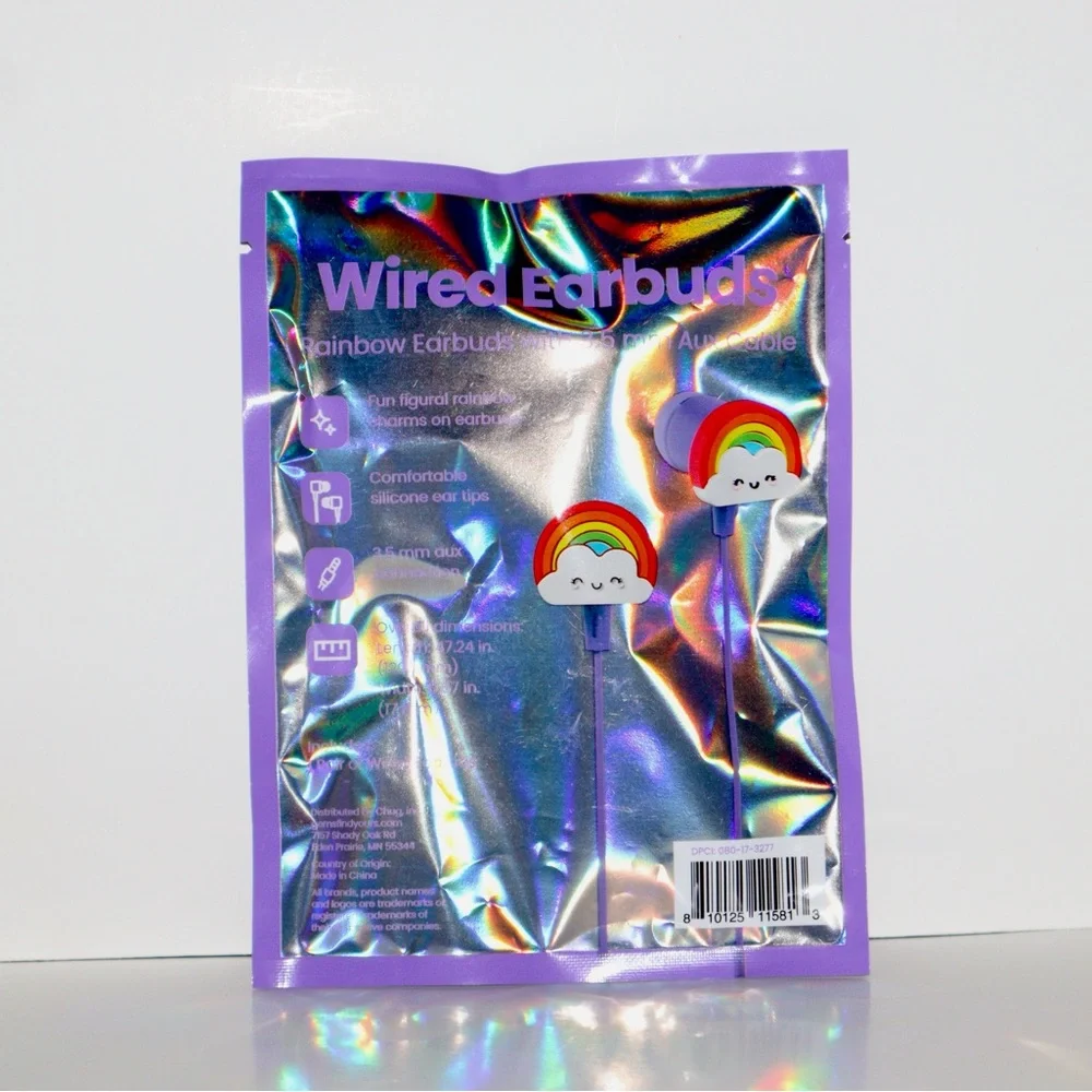 Rainbow Wired Earbuds with Cloud Design Gems Novelty NIB 3.5 MM Aux 4 FT Fun